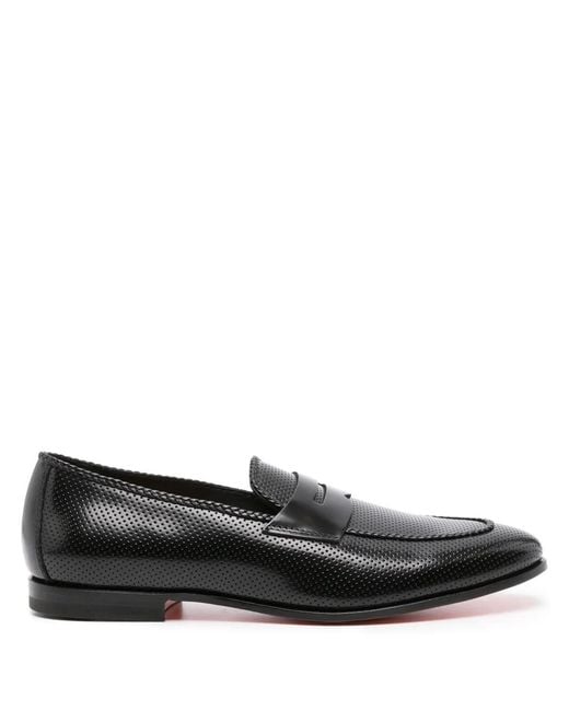 Santoni Black Perforated Leather Penny Loafers for men
