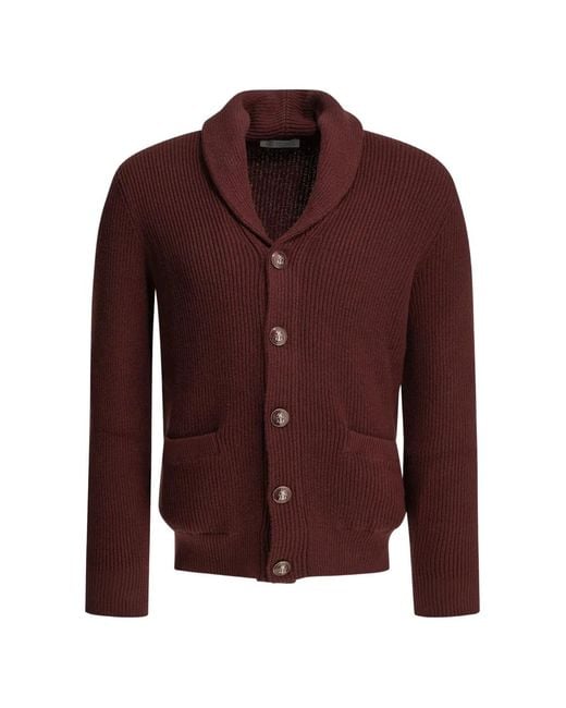 Brunello Cucinelli Red Shawl-Collar Ribbed-Knit Cardigan for men