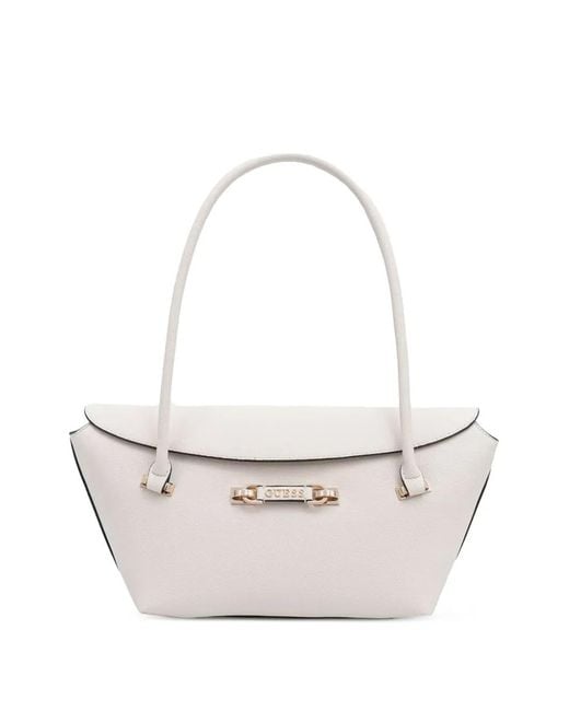 Guess White Logo-Plaque Pebbled Tote Bag