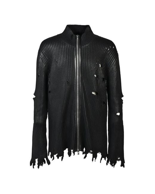 FILTH Black Waxed Distressed-Knit Cardigan for men