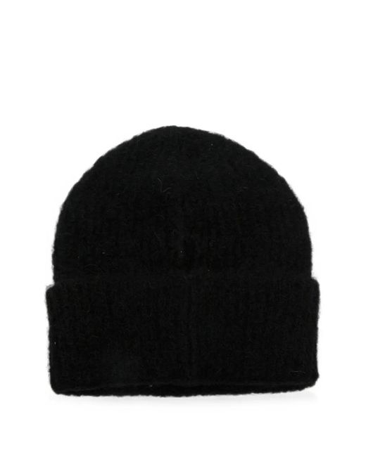 ERMANNO FIRENZE Black Logo-Patch Knit Beanie Hat