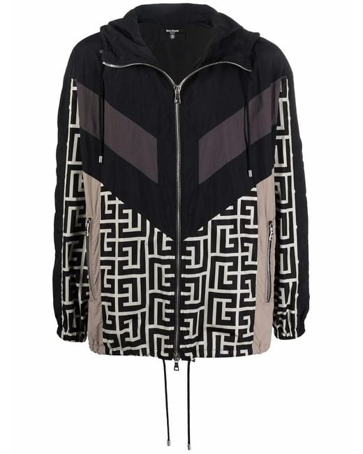 Balmain Black Monogram Hooded Windbreaker for men