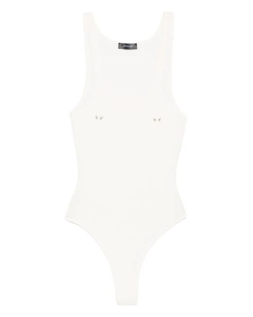 Mugler White Scoop-Neck Embellished Bodysuit