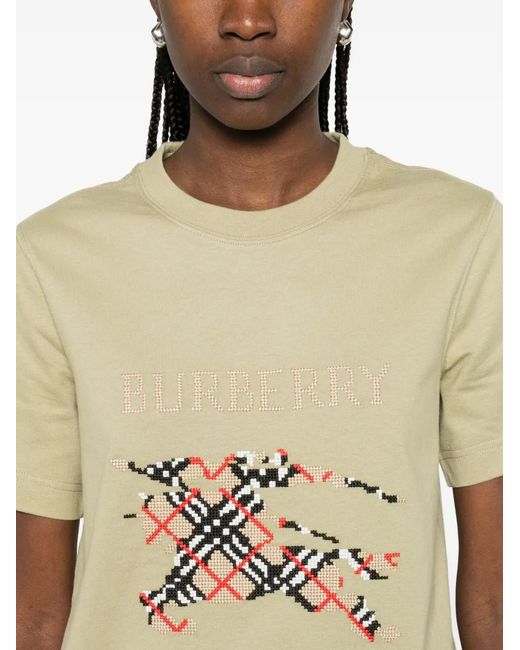 Burberry Natural Rib-Knit Neckline T-Shirt With Embroidered Equestrian Knight Design
