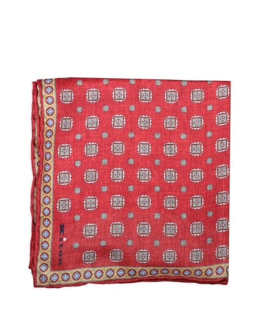 Kiton Red Medallion-Print Silk Handkerchief for men