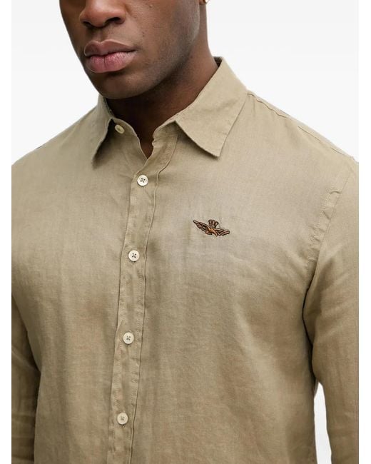 Aeronautica Militare Natural Logo-Embroidered Linen Shirt for men