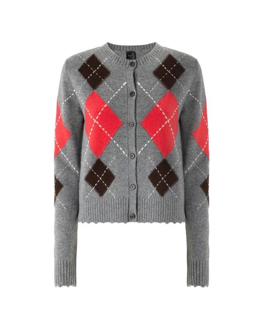 Pinko White Argyle-Intarsia Button-Up Cardigan