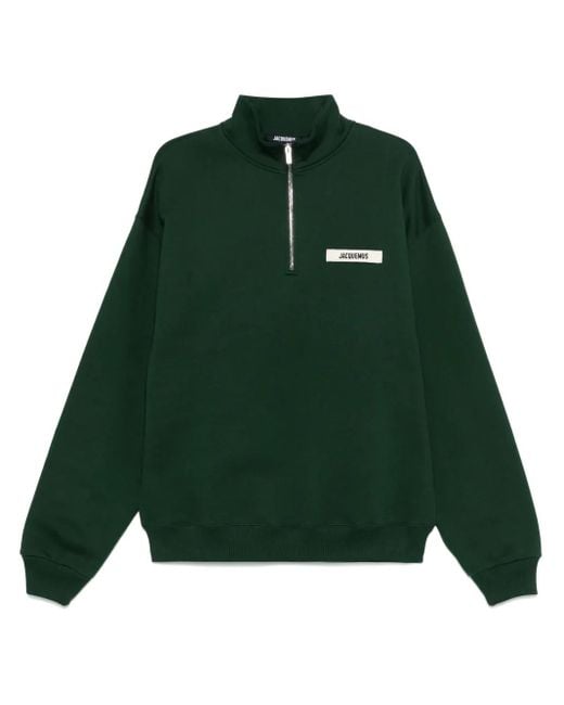 Jacquemus Green Grosgrain Patch Logo Half Zip Sweatshirt for men