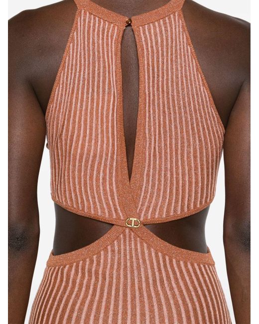 Twin Set Brown Ribbed-knit Lurex Midi Dress