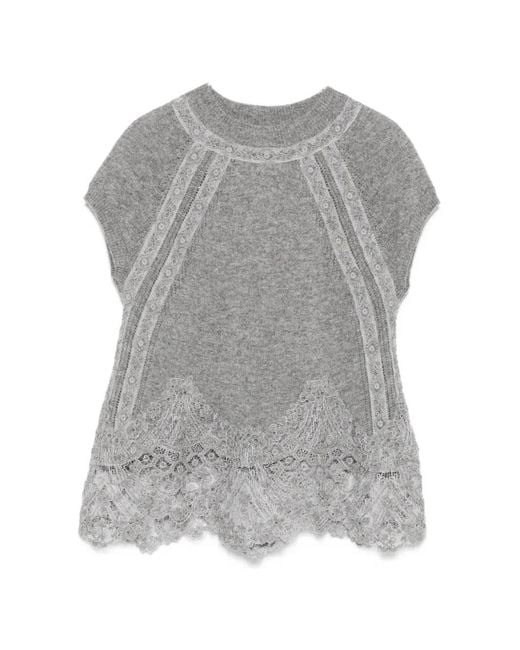 Ermanno Scervino Gray Lace-Trim Knitted Top