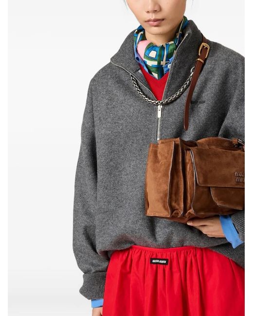 Miu Miu Gray Cashmere And Jersey Zipper Sweater