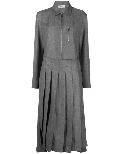 Fendi Gray Spread-collar Pleated Midi Dress