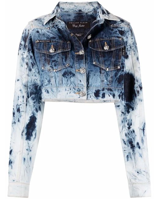Philipp Plein Blue Bleached-effect Cropped Denim Jacket