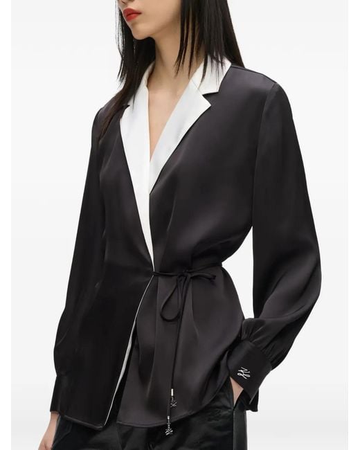 Karl Lagerfeld Black Satin-Finish Wrap Blouse