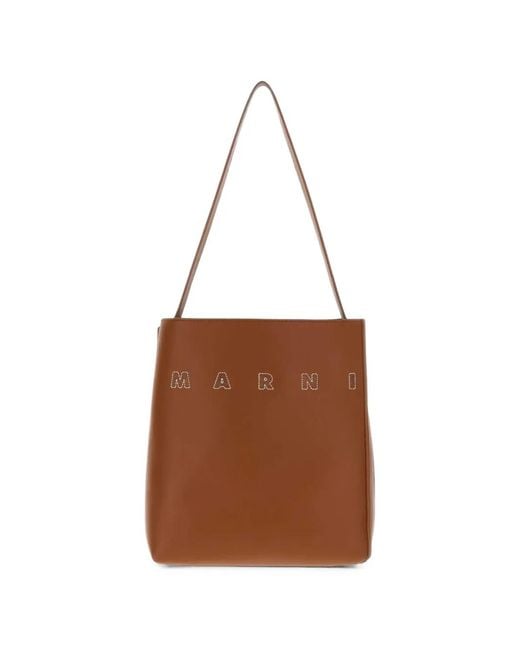 Marni Brown Embroidered-Logo Tote Bag