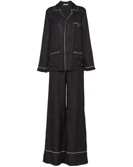 Prada Black Embroidered Twill Pajamas