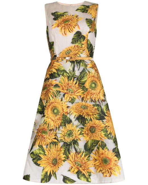 Oscar de la Renta Yellow Floral-print Silk Midi Dress