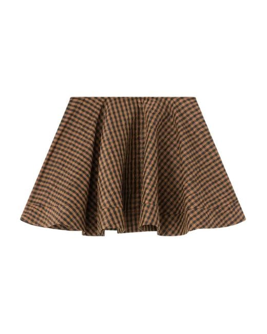 Ganni Brown Crinkled Check Mini Circle Skirt