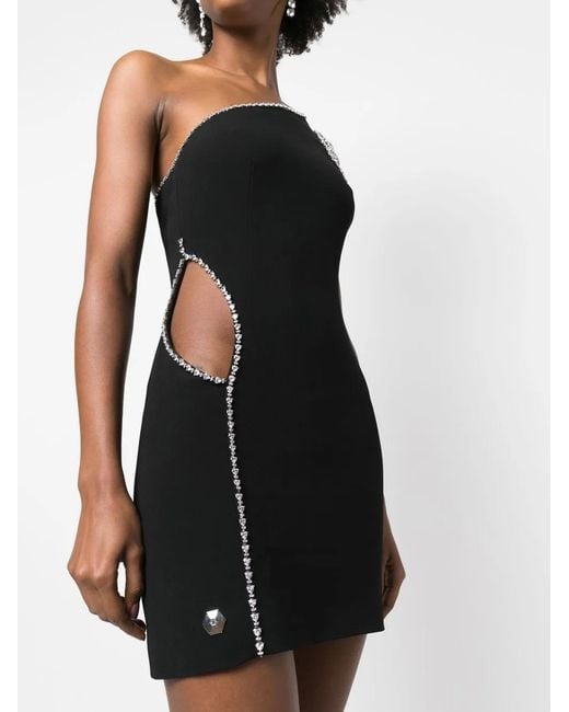Philipp Plein Black Crystal Embellished Asymmetrical Mini Dress