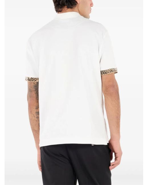 Roberto Cavalli White Leopard-Print Cuff Polo Shirt for men