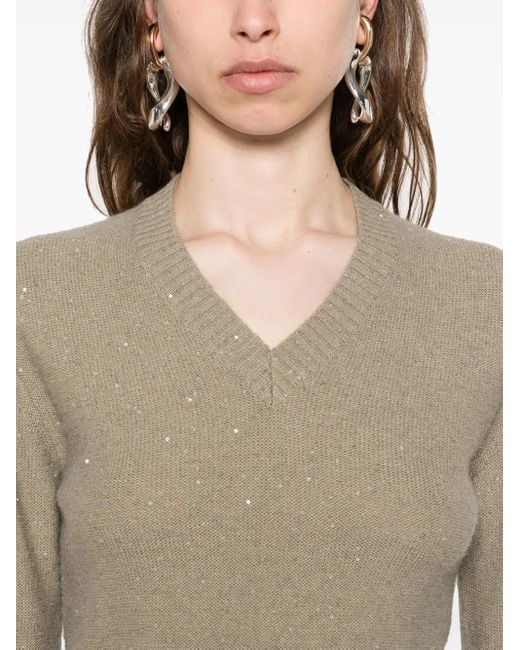 Fabiana Filippi Natural Sequin-Embellished V-Neck Sweater
