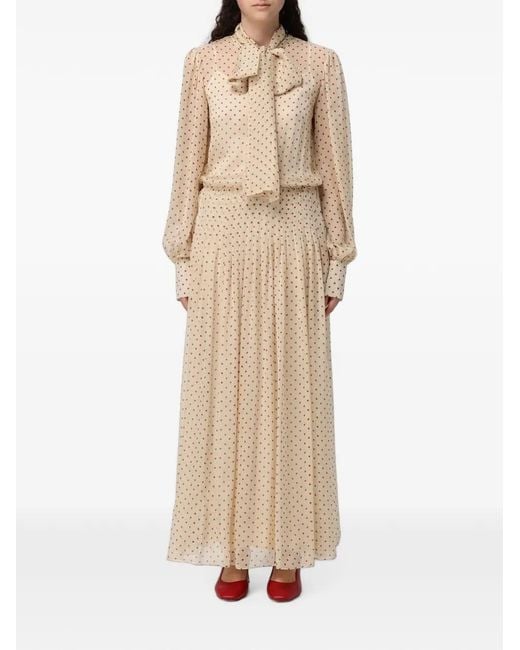 CRI.DA Natural Papavero Polka-Dot Pussy-Bow Maxi Dress