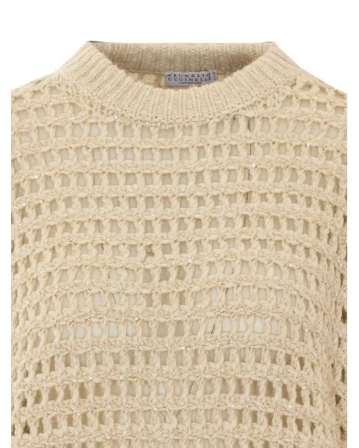Brunello Cucinelli Natural Sequin-Embellished Open-Knit Sweater