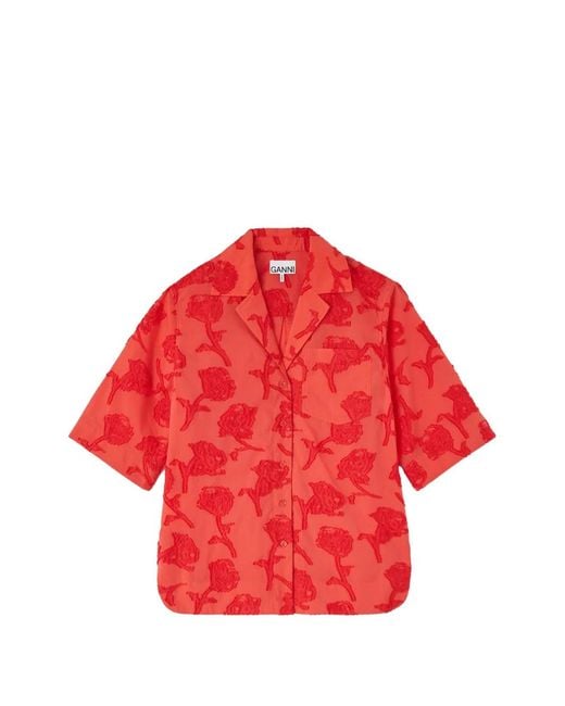 Ganni Red Chemise En Fil Coupé À Fleurs