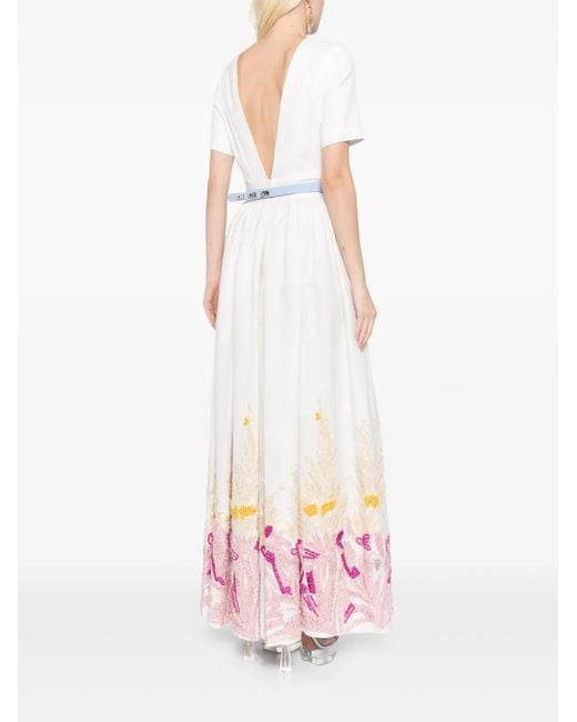 Saiid Kobeisy White Abstract-Pattern Beaded Maxi Dress