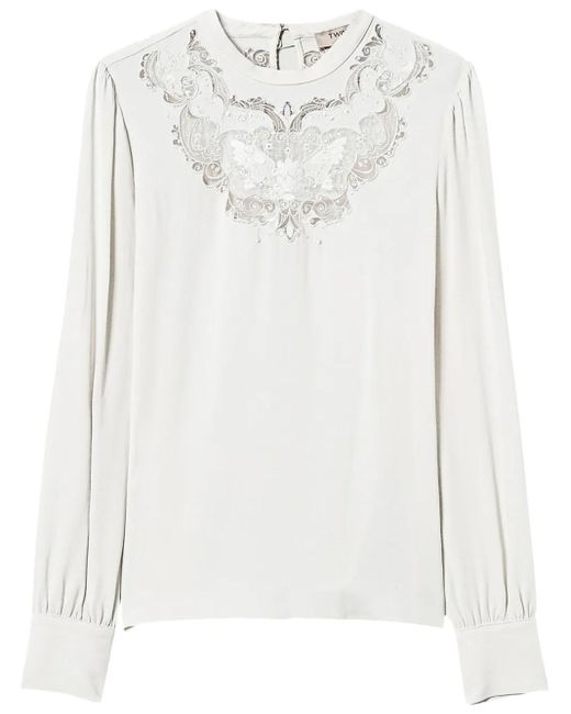 Twinset White Floral-Embroidered Crepe Blouse