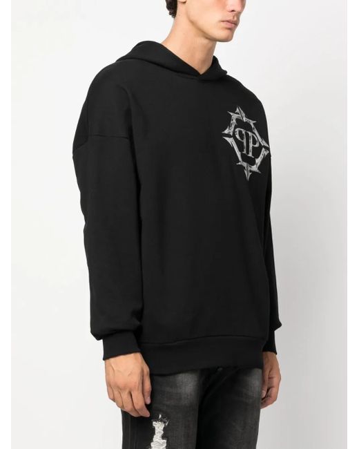 Philipp Plein Black Chrome Logo-Print Hoodie for men