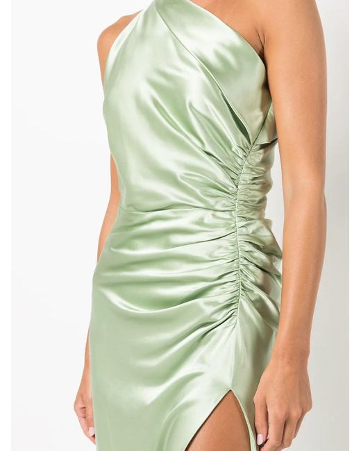 Michelle Mason Green Gathered-Detail One-Shoulder Silk Gown