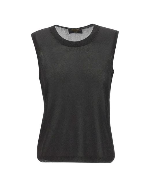 Gran Sasso Black Lurex-Knit Ribbed-Trim Top