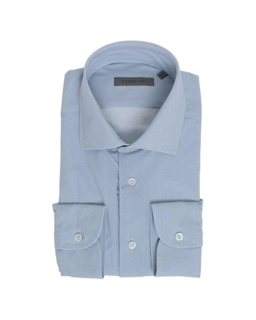 Corneliani Blue Herringbone-Pattern Stretch Shirt for men