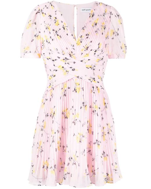 Self-Portrait Pink Floral-Print Pleated Minidress