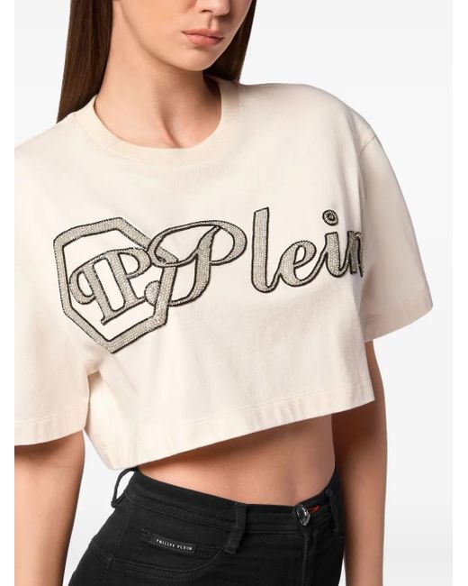 Philipp Plein White Crystal Signature Cropped T-Shirt
