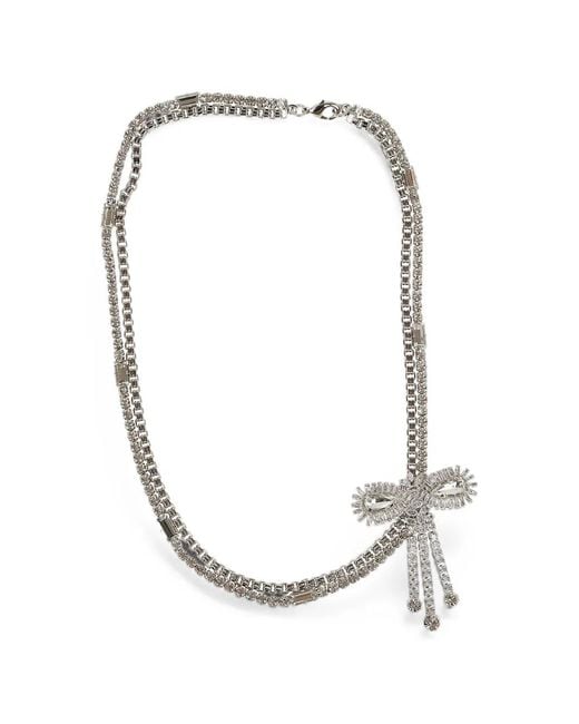 Alessandra Rich White Crystal-Embellished Bow-Detail Necklace
