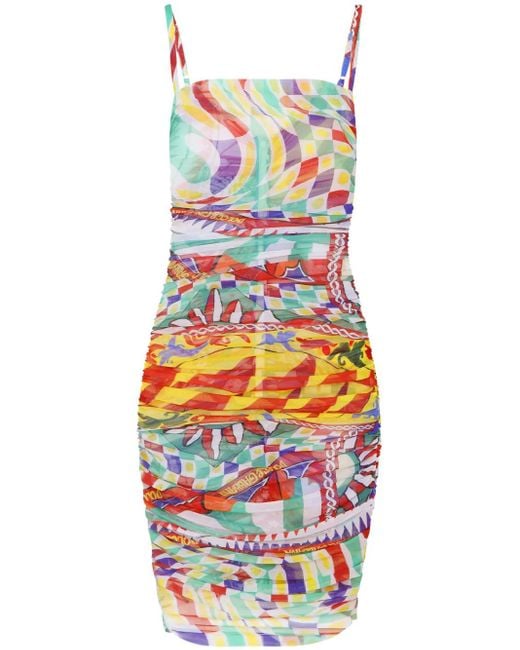 Dolce & Gabbana White Graphic-Print Gathered-Detail Dress