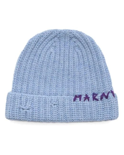 Marni Blue Shetland Wool Beanie With Mending-Embroidery