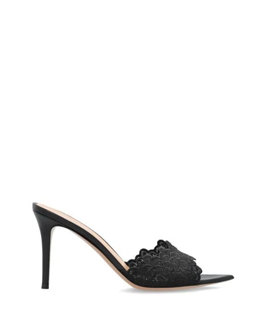 Gianvito Rossi Black Yvonne Lace-Panel Scalloped Mules