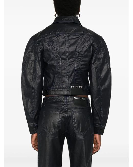 Mugler Black Cropped Midnight Wax-Effect Jacket