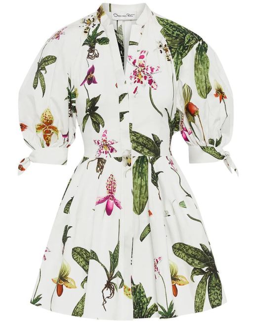 Oscar de la Renta White Orchid Puff-Sleeve Cotton-Poplin Dress