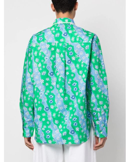 Marni Green Cotton Floral-Print Shirt for men