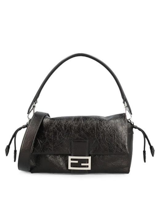 Fendi Black Baguette Soft Medium Crackled Leather Bag