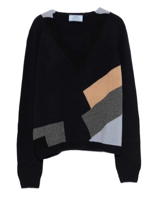 Prada Black Geometric-Pattern V-Neck Jumper