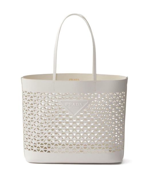 Prada White Logo-perforated Leather Tote Bag