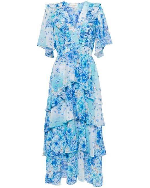 Hale Bob Blue Floral-print Flared-cuffs Maxi Dress