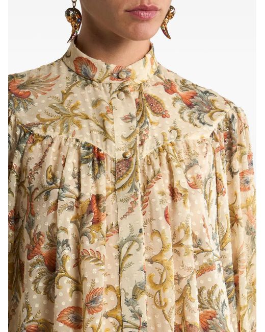Etro Natural Silk Dotted Swiss Shirt With Floral Motif