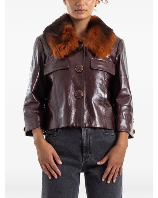Chloé Brown Fur-Collar Glossy Leather Jacket