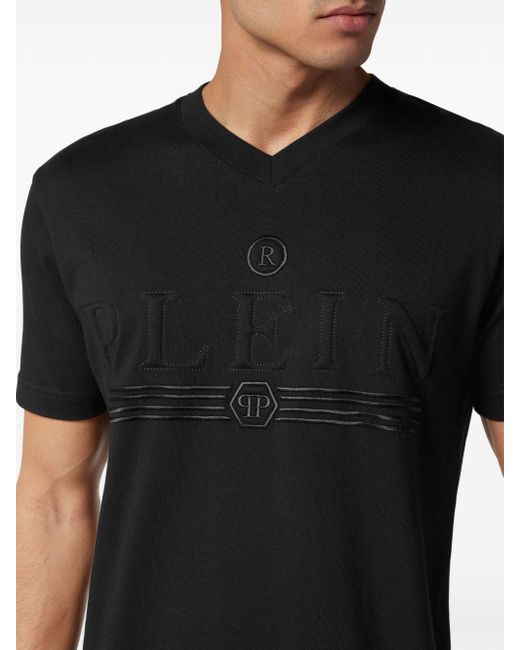 Philipp Plein Black Logo-print V-neck Cotton T-shirt for men